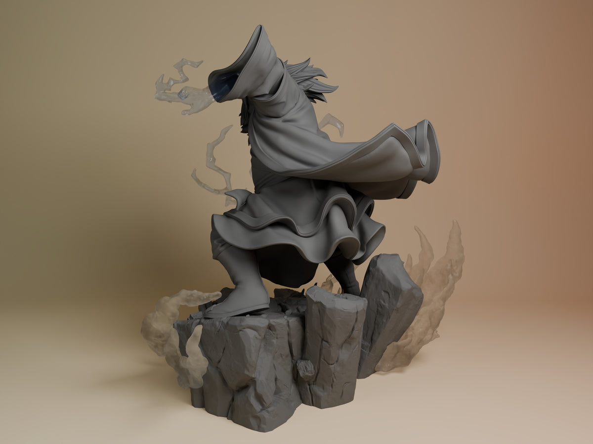 Left-angle view shows Tea Sage from Avatar: The Last Airbender as an unpainted resin figure, posed on a rocky smoke base.