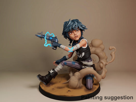 Isha from Arcane resin figure in dynamic pose wielding blue energy weapon, painted with detailed base, shown at three-quarter angle against neutral background.