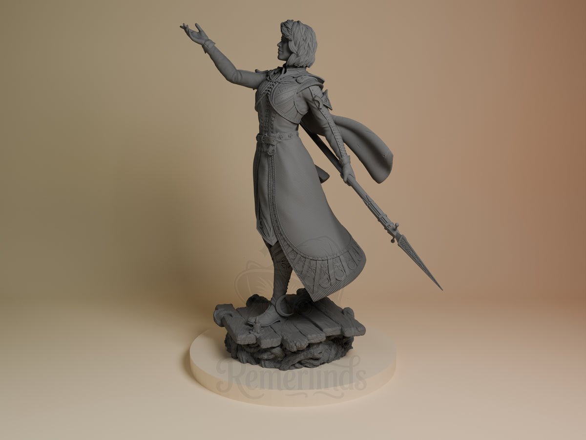 Isobel from Baldur's Gate is an unpainted resin figure, angled with raised hand, staff, and sculpted base.