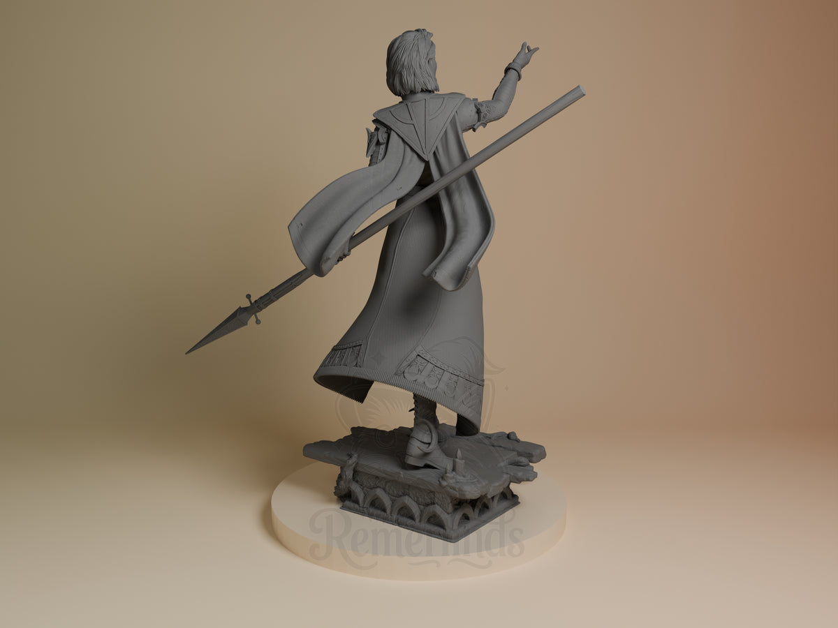 Unpainted back view of Isobel from Baldur's Gate resin figure with raised arm, staff, and sculpted base.