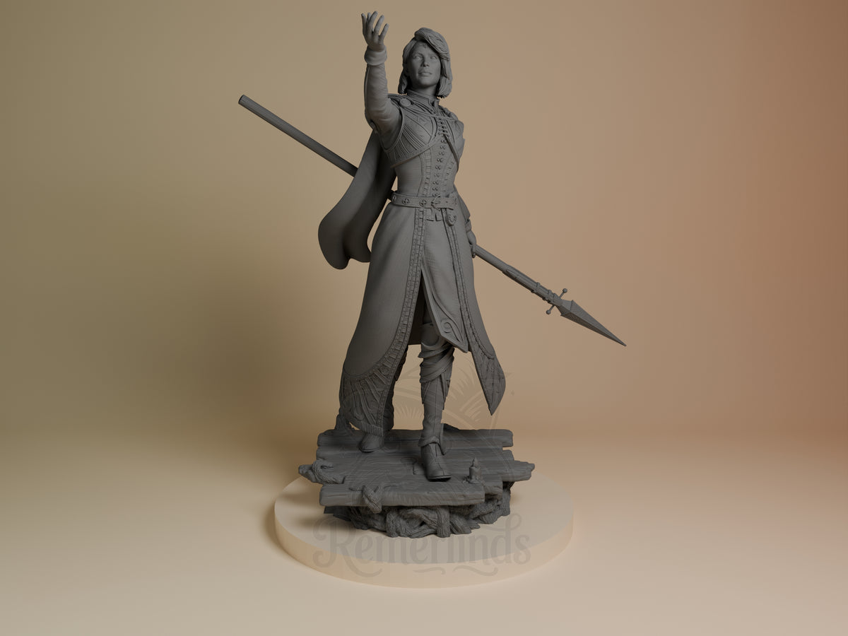 Isobel from Baldur's Gate is a front-facing, unpainted resin figure with raised hand, spear, cape, and sculpted base.