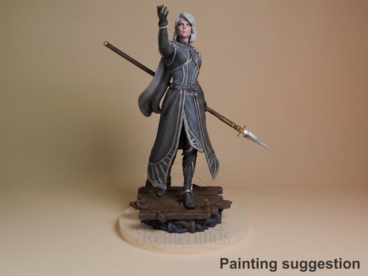 Isobel resin figure from Baldur's Gate, painted in grayscale, standing with raised fist on wooden base, holding sword, front three-quarter view.