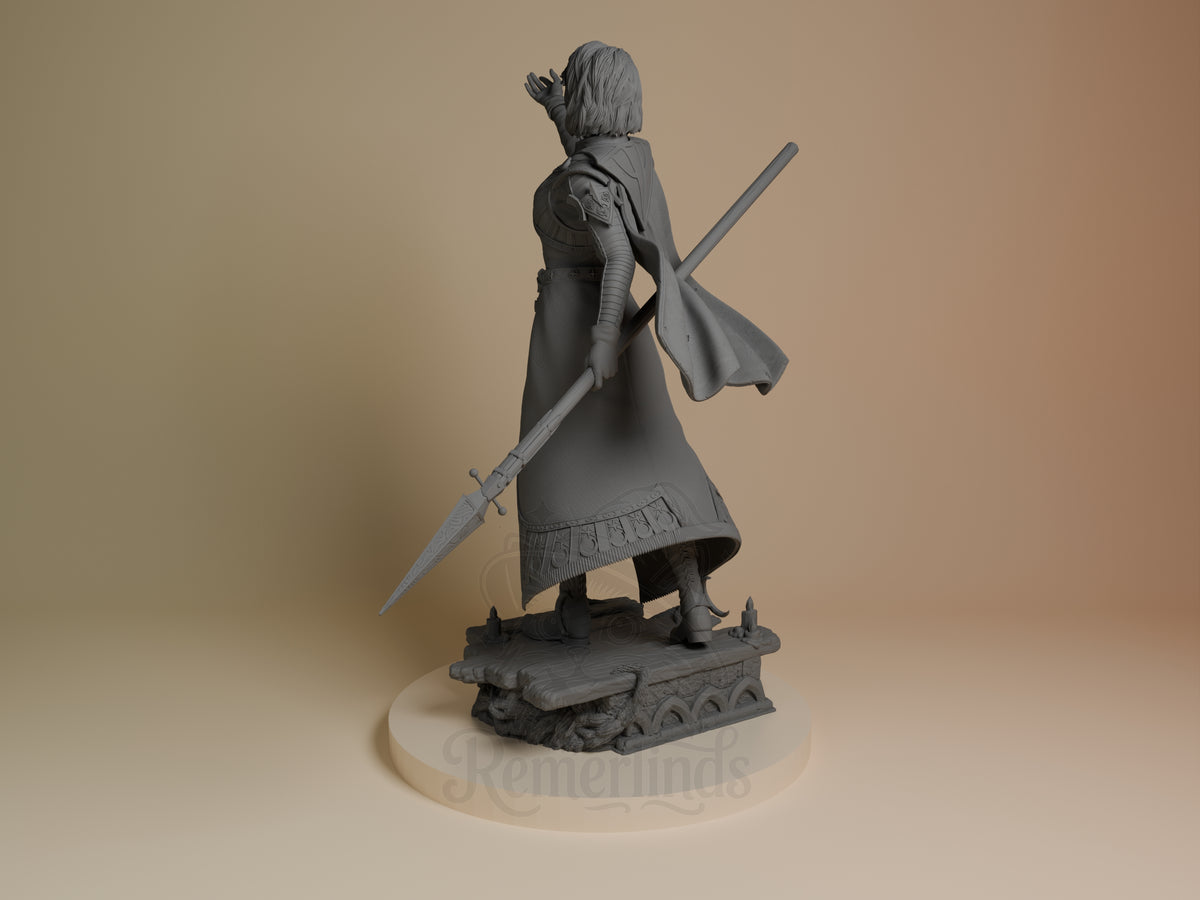 Isobel from Baldur's Gate is an unpainted resin figure, rear-facing with sword on sculpted base.