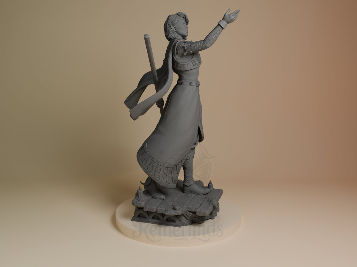 Right-side view shows unpainted Isobel from Baldur's Gate raising hands as a resin figure on a sculpted base.