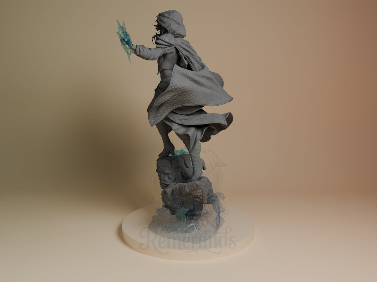 Jaina Proudmoore from World of Warcraft is an unpainted resin figure in side angle, posed over a sculpted rocky base.