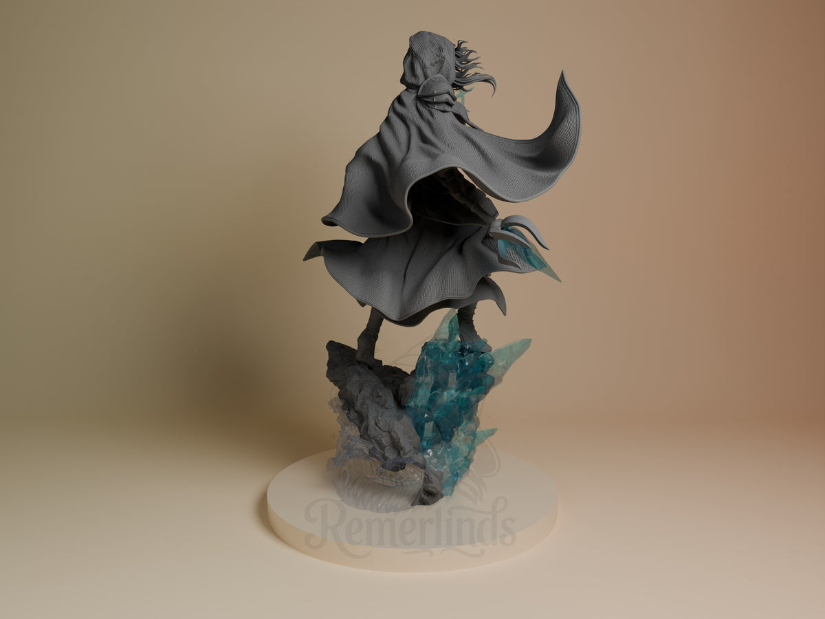 Rear view shows Jaina Proudmoore from World of Warcraft, an unpainted resin figure with cape, hair, and icy rocky base.