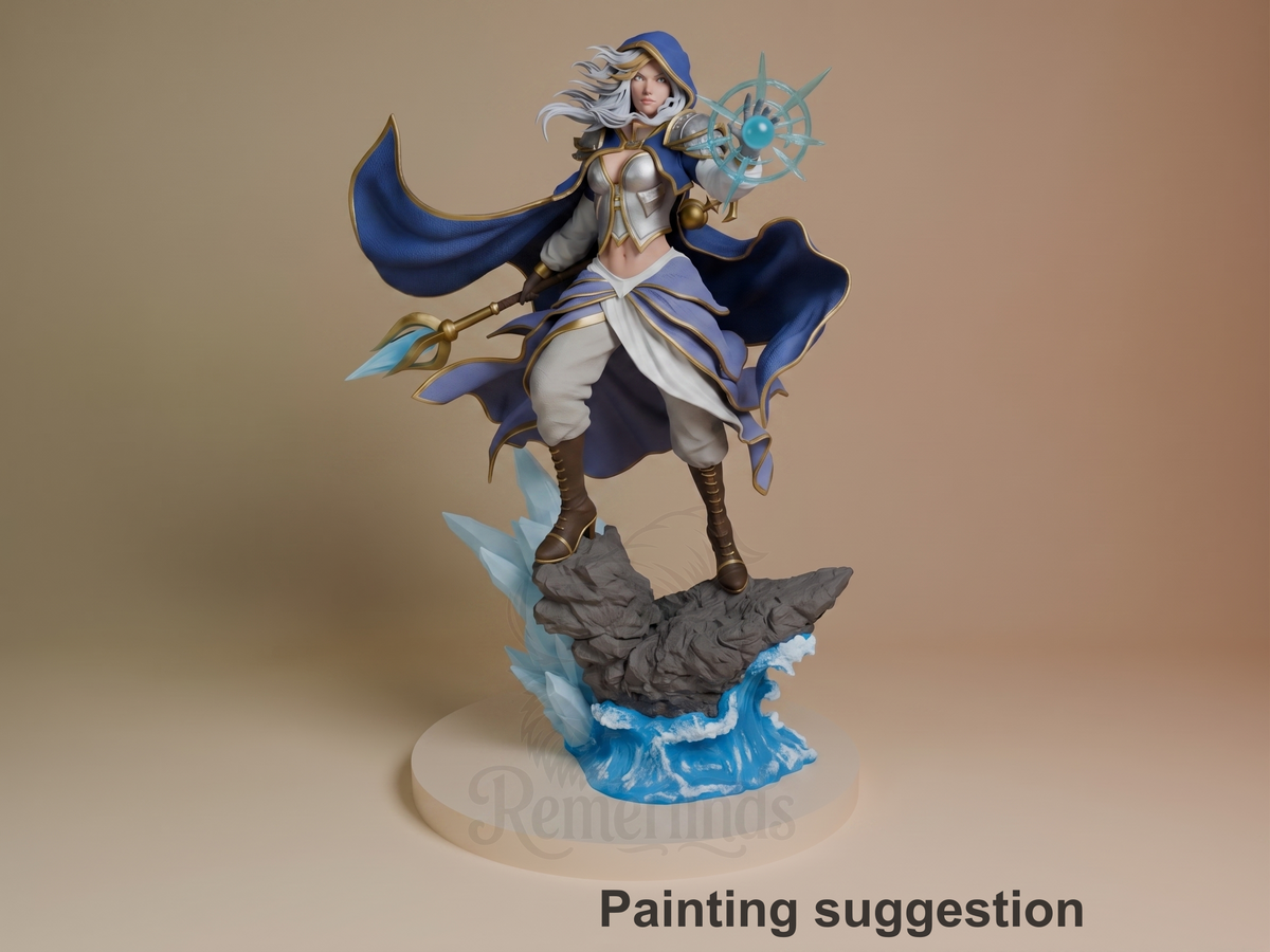 Painted Jaina Proudmoore from World of Warcraft resin figure poses with staff on an icy base.
