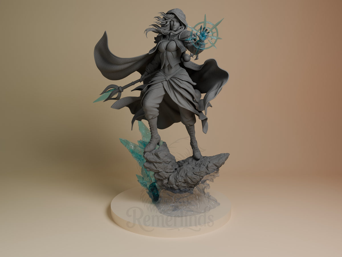 Front view of Jaina Proudmoore from World of Warcraft, an unpainted resin figure with staff, orb, and rocky base.