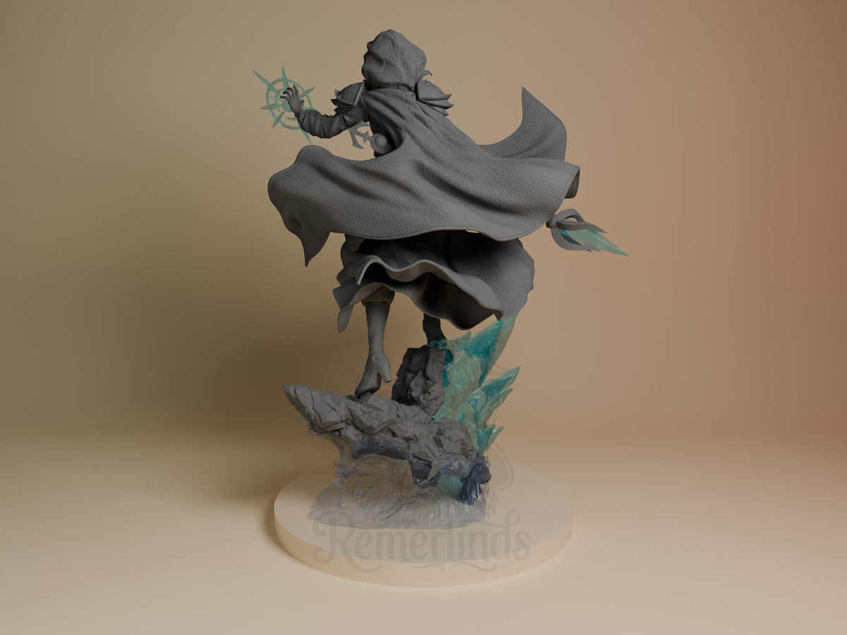 Jaina Proudmoore from World of Warcraft is a gray, unpainted resin figure viewed from behind on a rocky sculpted base.