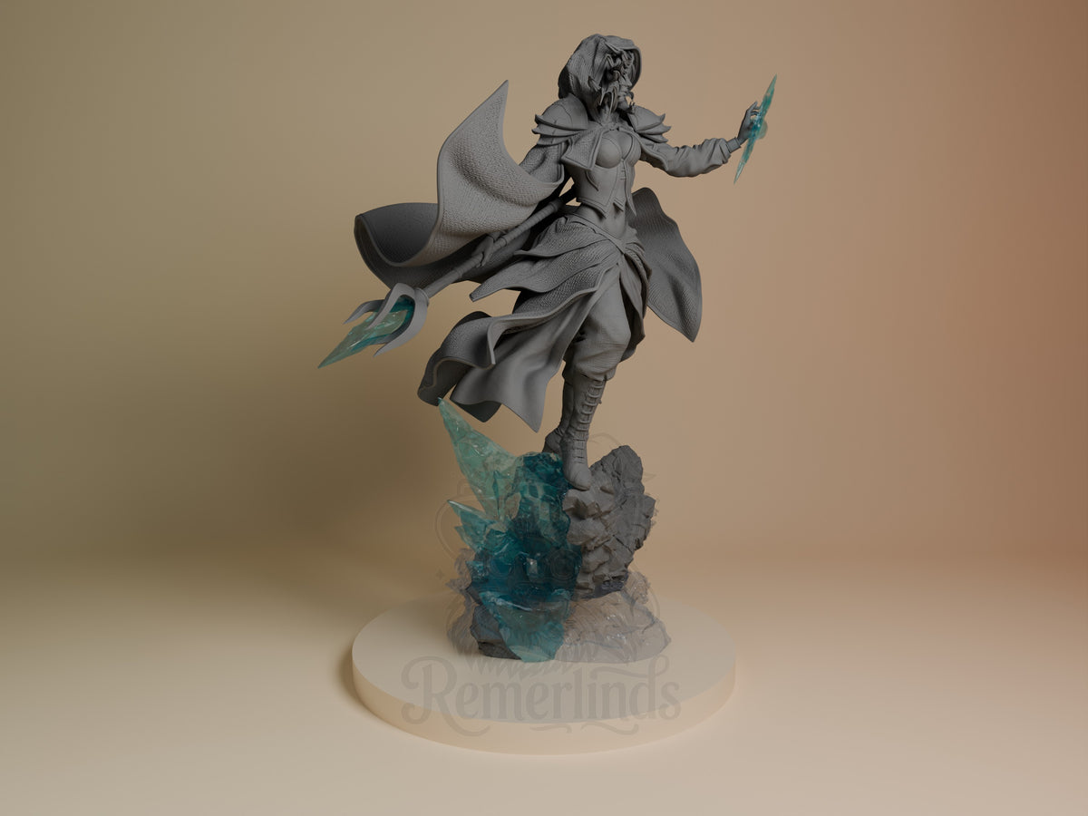 Jaina Proudmoore from World of Warcraft is an unpainted resin figure with staff on an icy sculpted base.