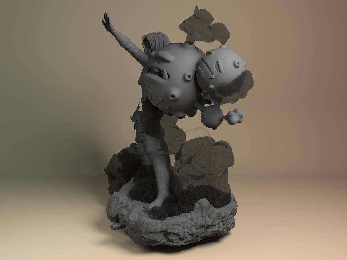 Angled view shows unpainted James from Pokémon resin figure behind Pokémon forms on a rocky base.