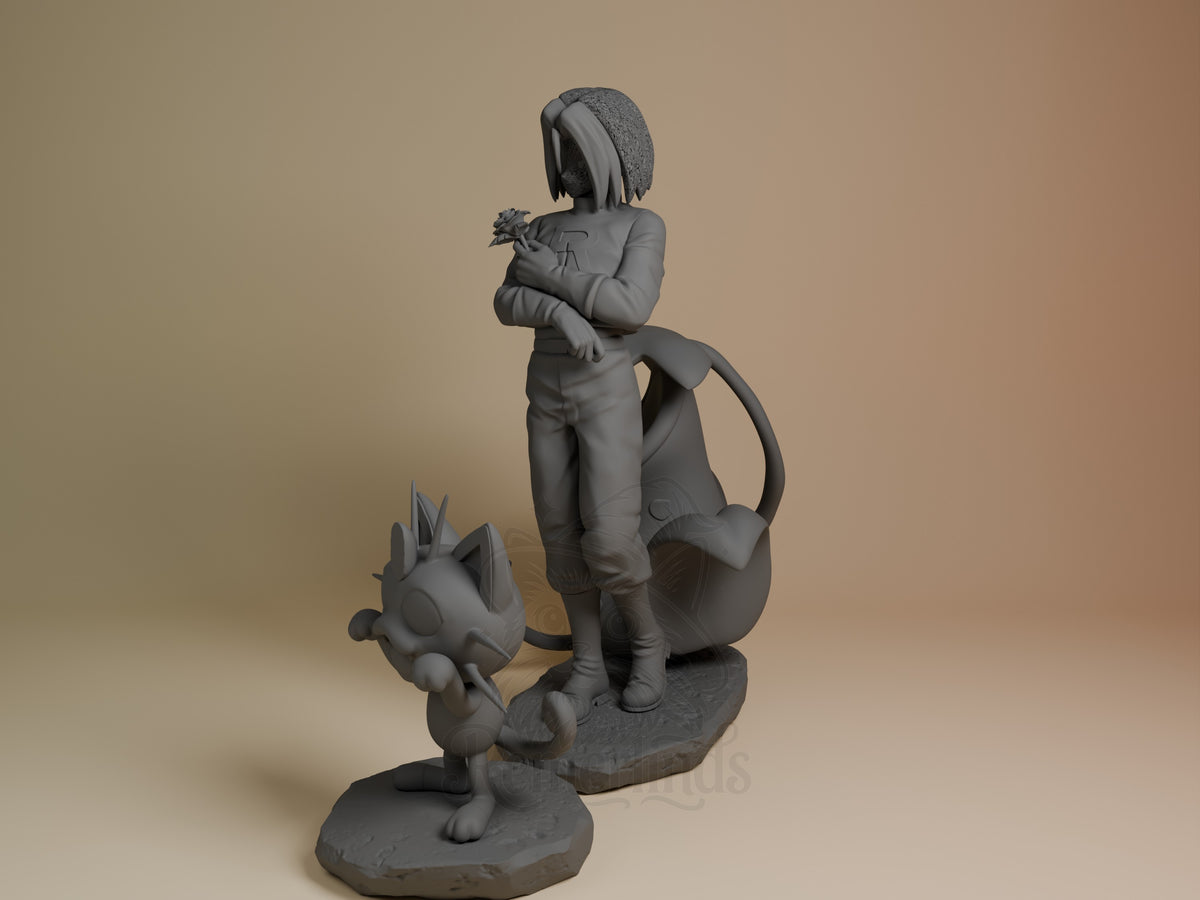 James from Pokémon is shown in a three-quarter pose as an unpainted resin figure, arms crossed, on a sculpted base.