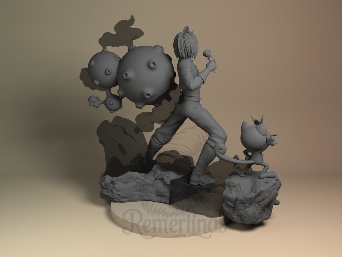 Back view of James from Pokémon resin figure, unpainted and posed with companions on a rocky base.
