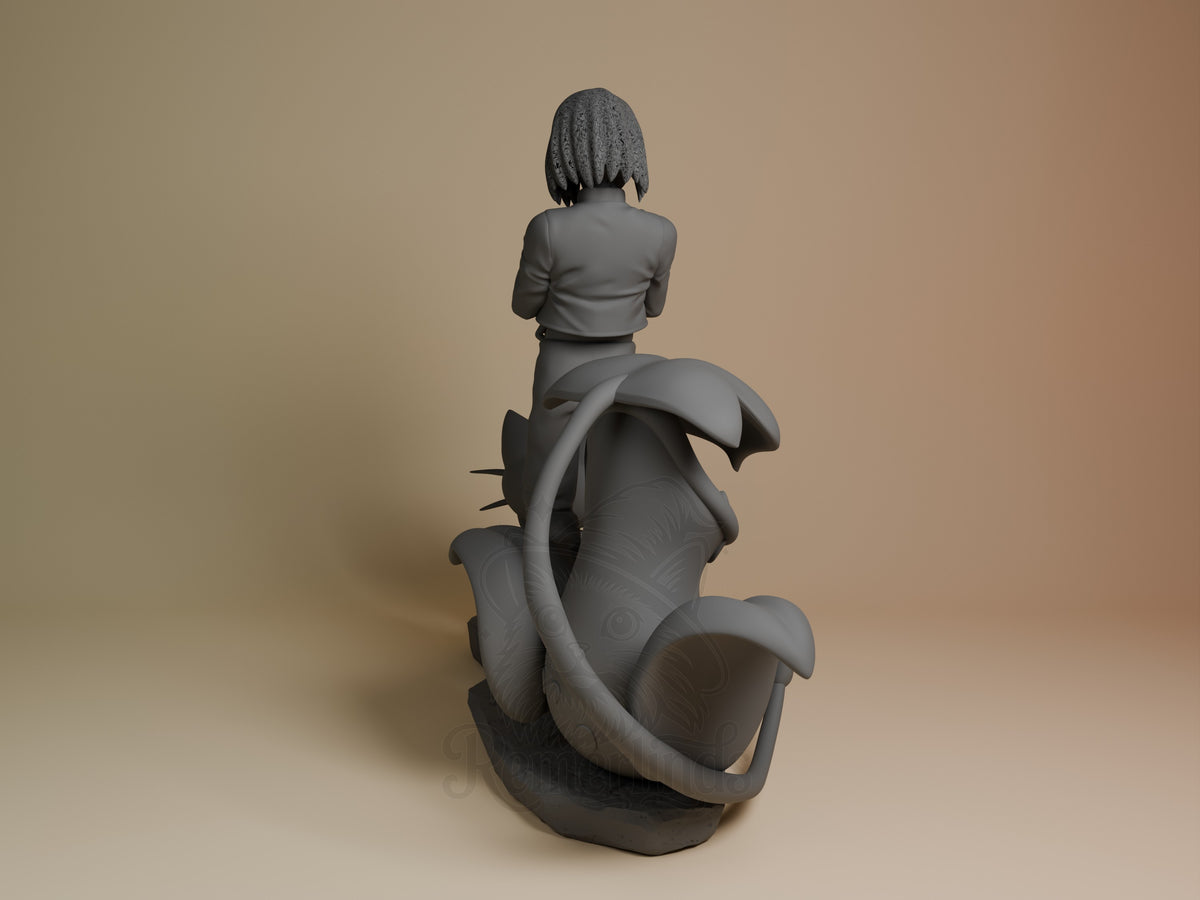 Back view of an unpainted James resin figure from Pokémon, seated on a sculpted base.