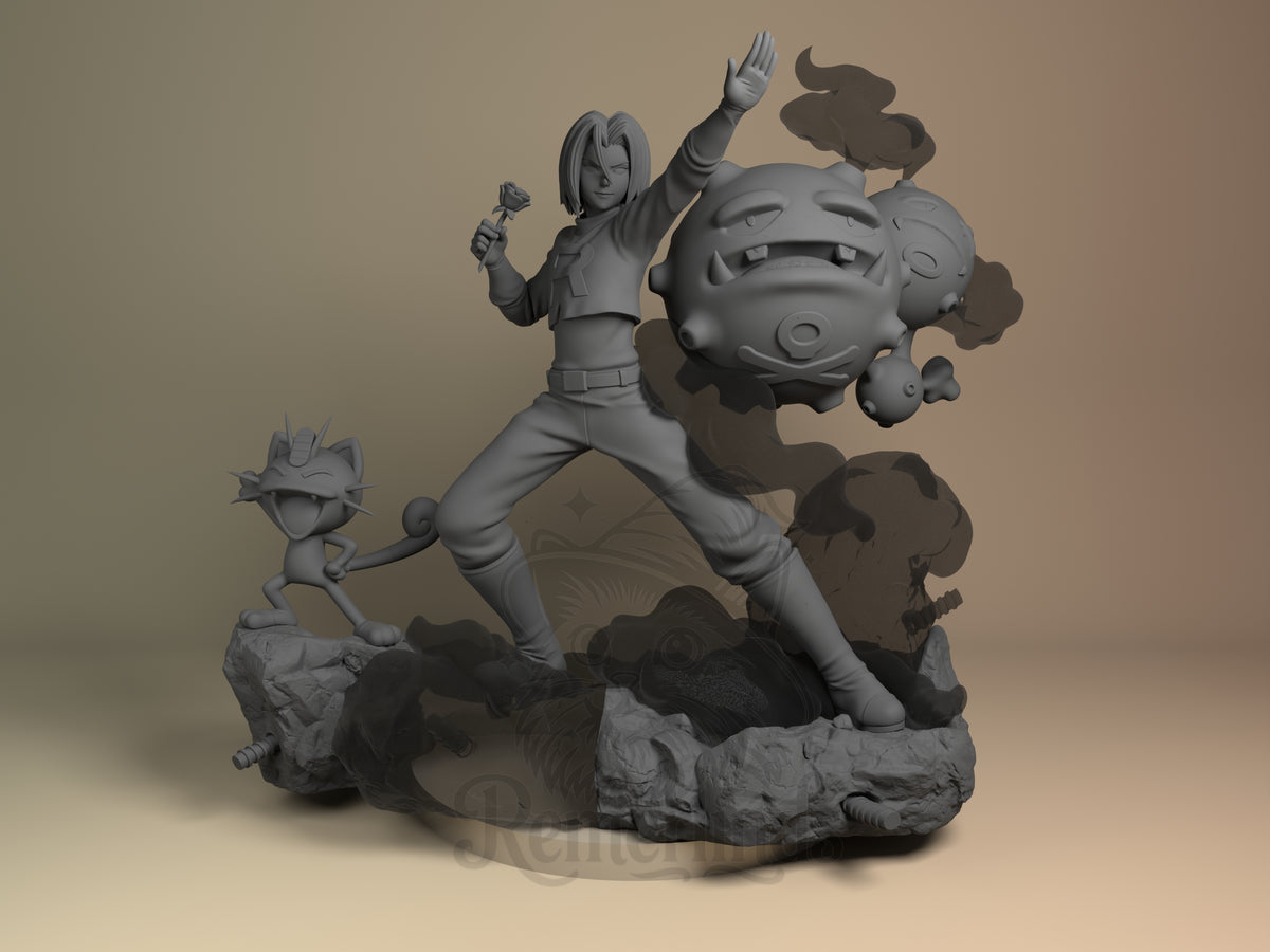 Front view of James from Pokémon as an unpainted resin figure, raising one hand on a rocky sculpted base.