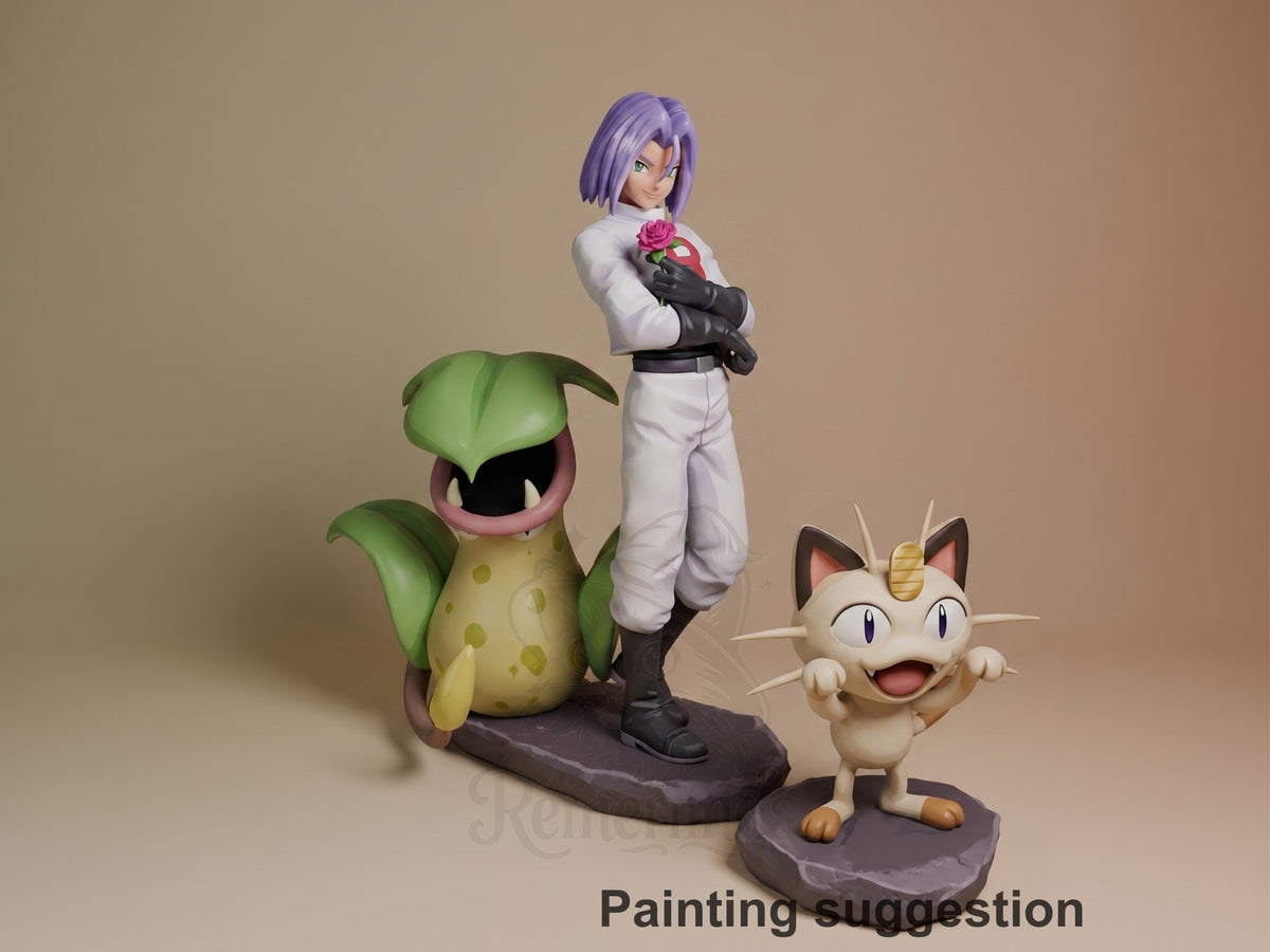 Painted James from Pokémon resin figure stands holding a rose, with Victreebel and Meowth on sculpted bases.