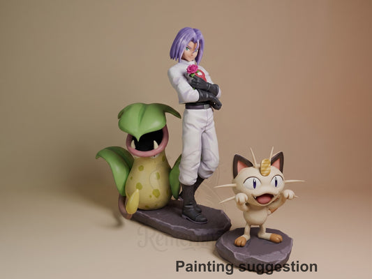 Painted James from Pokémon resin figure stands holding a rose, with Victreebel and Meowth on sculpted bases.