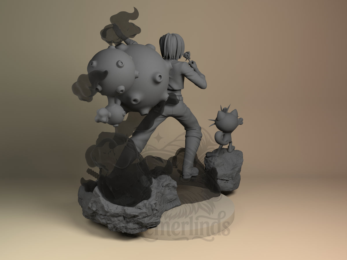 Unpainted James from Pokémon resin figure, viewed from behind with companions on a rocky base.