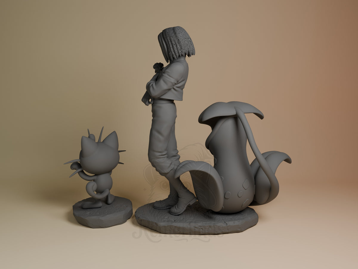 Side view of an unpainted James from Pokémon resin figure with Meowth on sculpted bases.