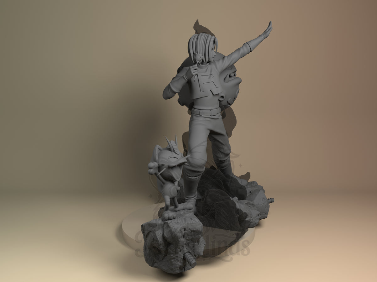 Unpainted James from Pokémon resin figure faces right with an arm raised on a sculpted base.