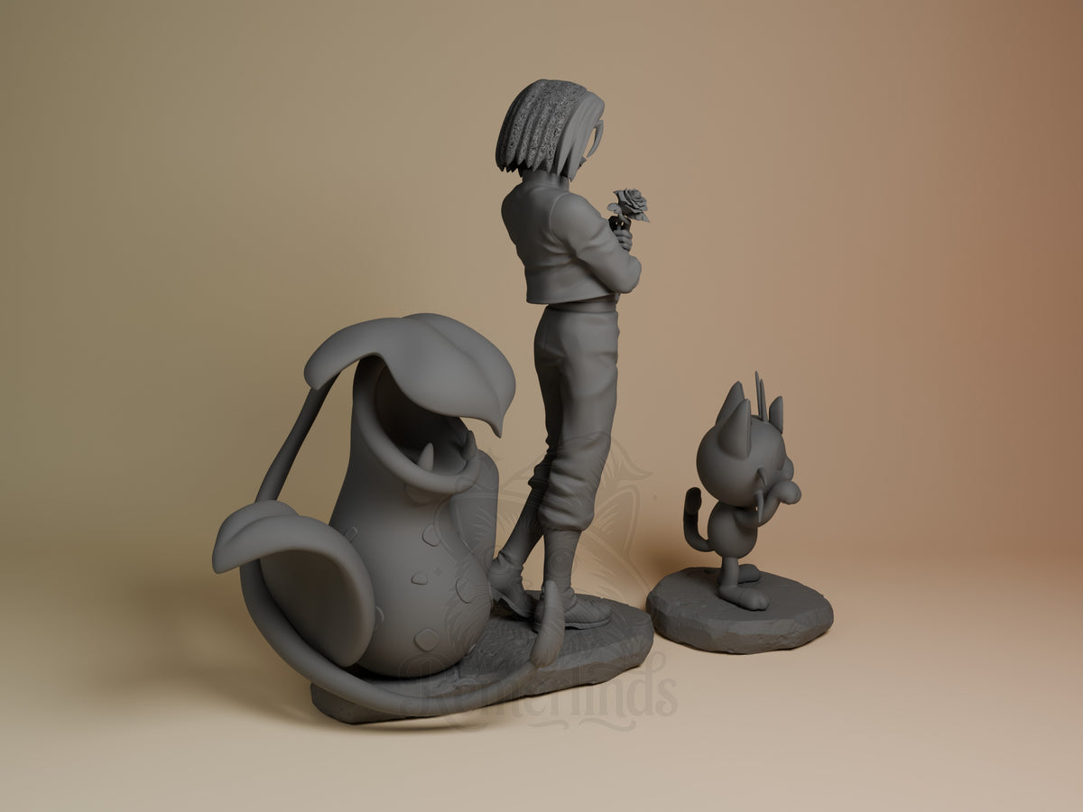 James from Pokémon holds a rose in rear view beside companions; the unpainted resin figure has a sculpted base.