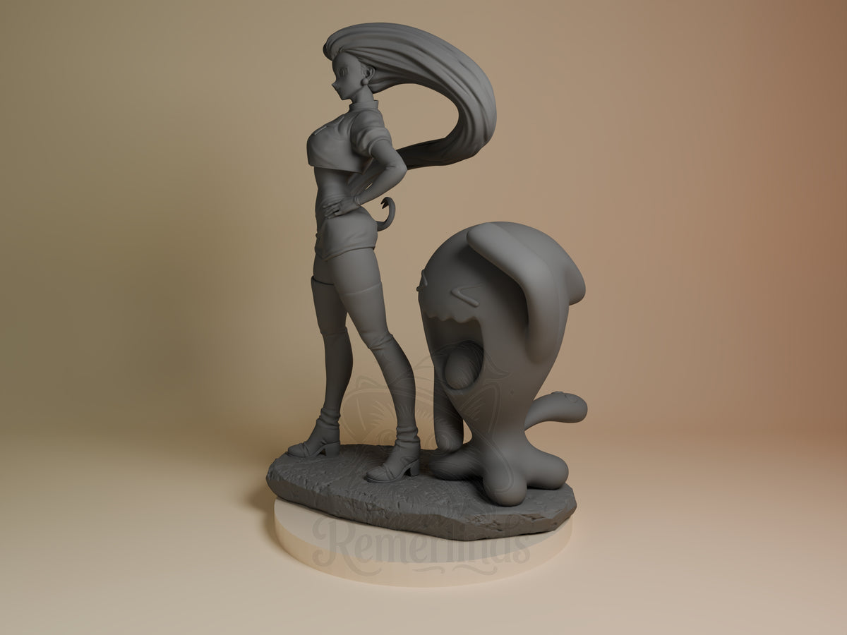 Side-angle unpainted Jessie from Pokémon resin figure poses with Meowth on a sculpted base.