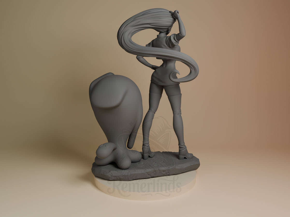 Jessie from Pokémon appears as an unpainted resin figure with raised arm on a sculpted base.