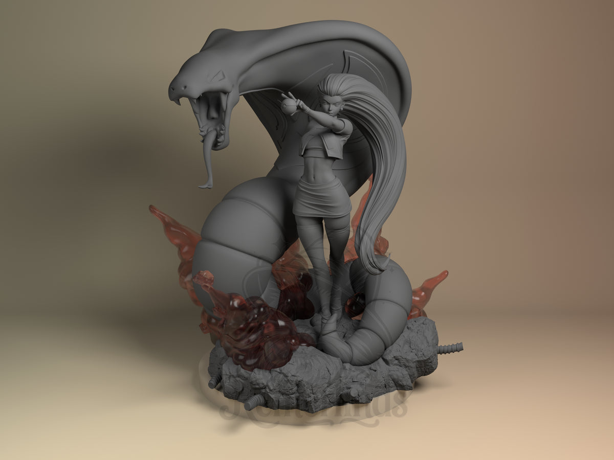 Jessie from Pokémon faces front as an unpainted resin figure with a serpent on a sculpted base.