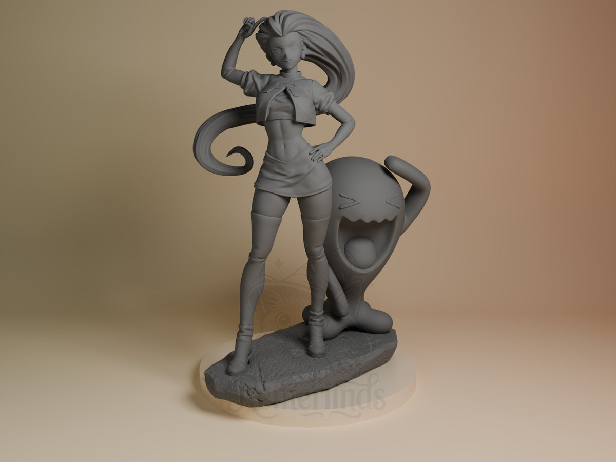 Jessie from Pokémon is an unpainted resin figure, front-facing with arm raised on a sculpted base.
