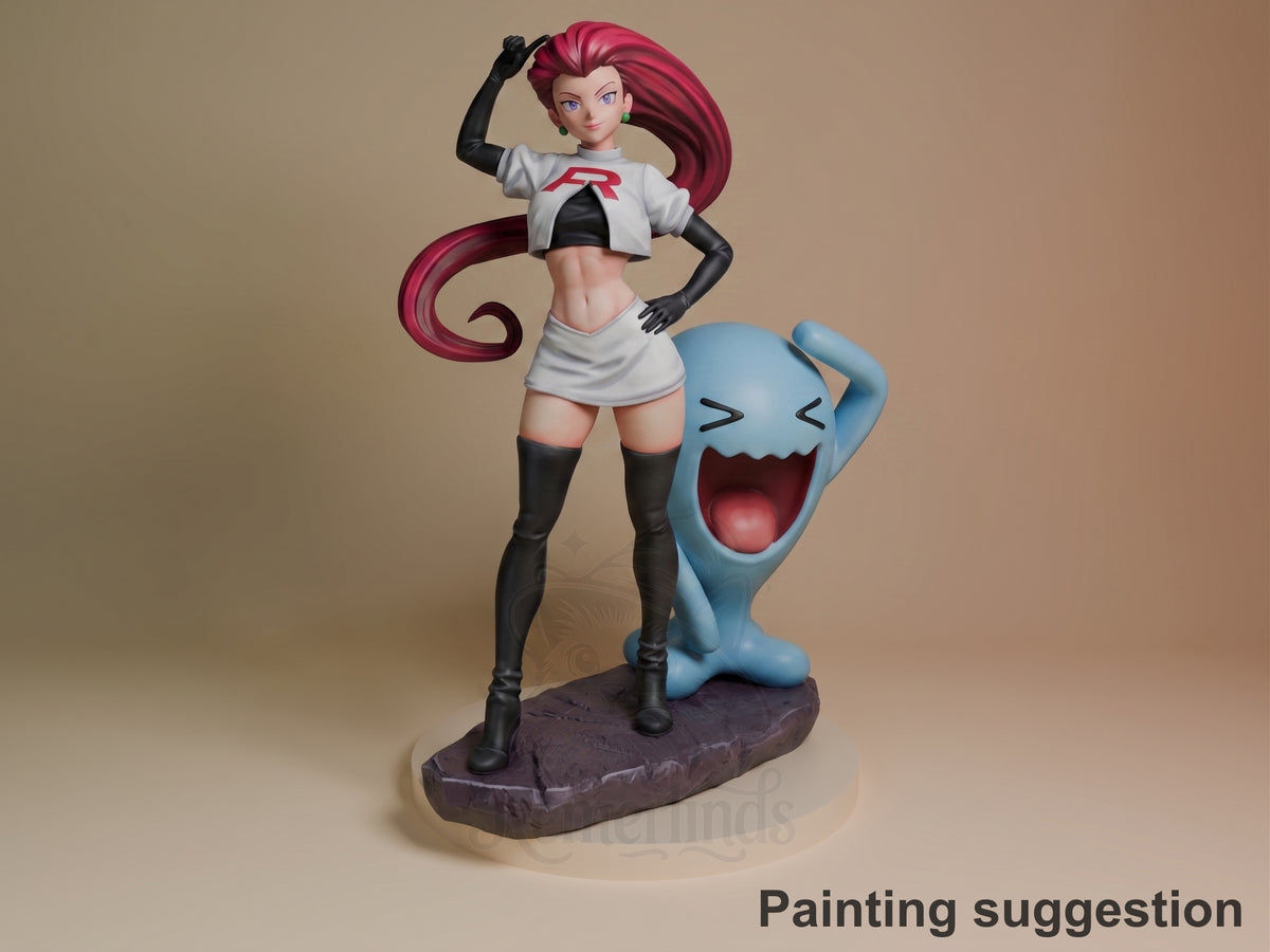 Front-facing painted Jessie from Pokémon resin figure poses beside Wobbuffet on a sculpted base.