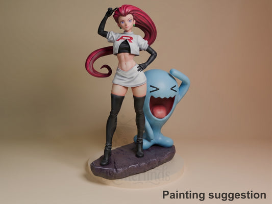 Jessie from Pokémon Team Rocket 3D painted resin figure with Wobbuffet, posed confidently on dark base against neutral background.
