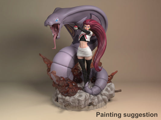 Painted Jessie from Pokémon resin figure poses front-facing with a Poké Ball, serpentine companion, and rocky sculpted base.