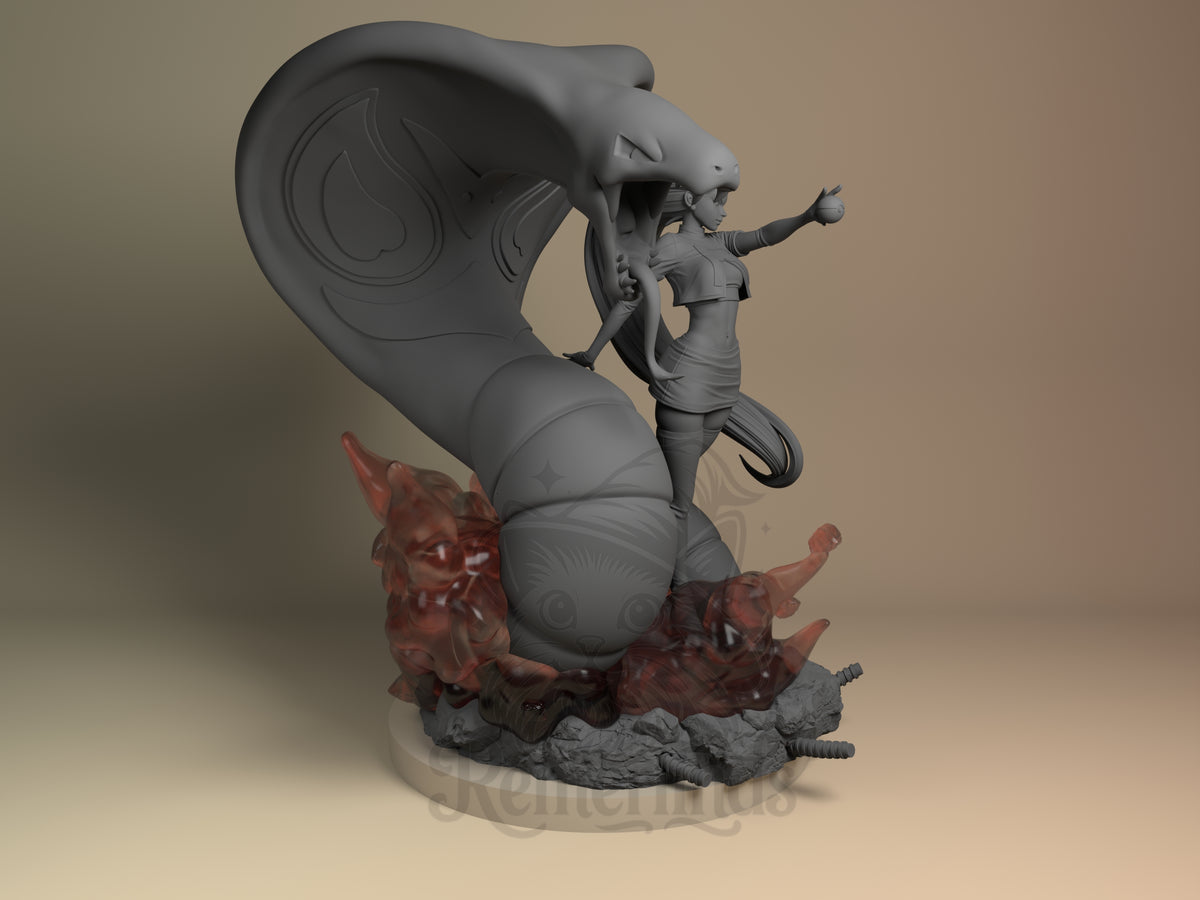 Jessie from Pokémon resin figure, shown from the right, is mostly unpainted over red effects on a sculpted base.