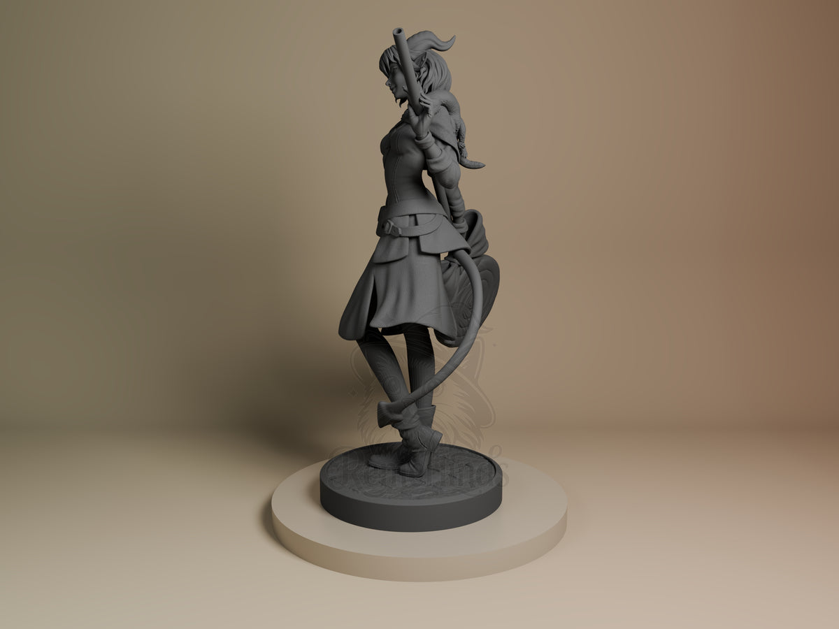 Jester from The Mighty Nein is an unpainted resin figure shown in side angle with staff and sculpted base.