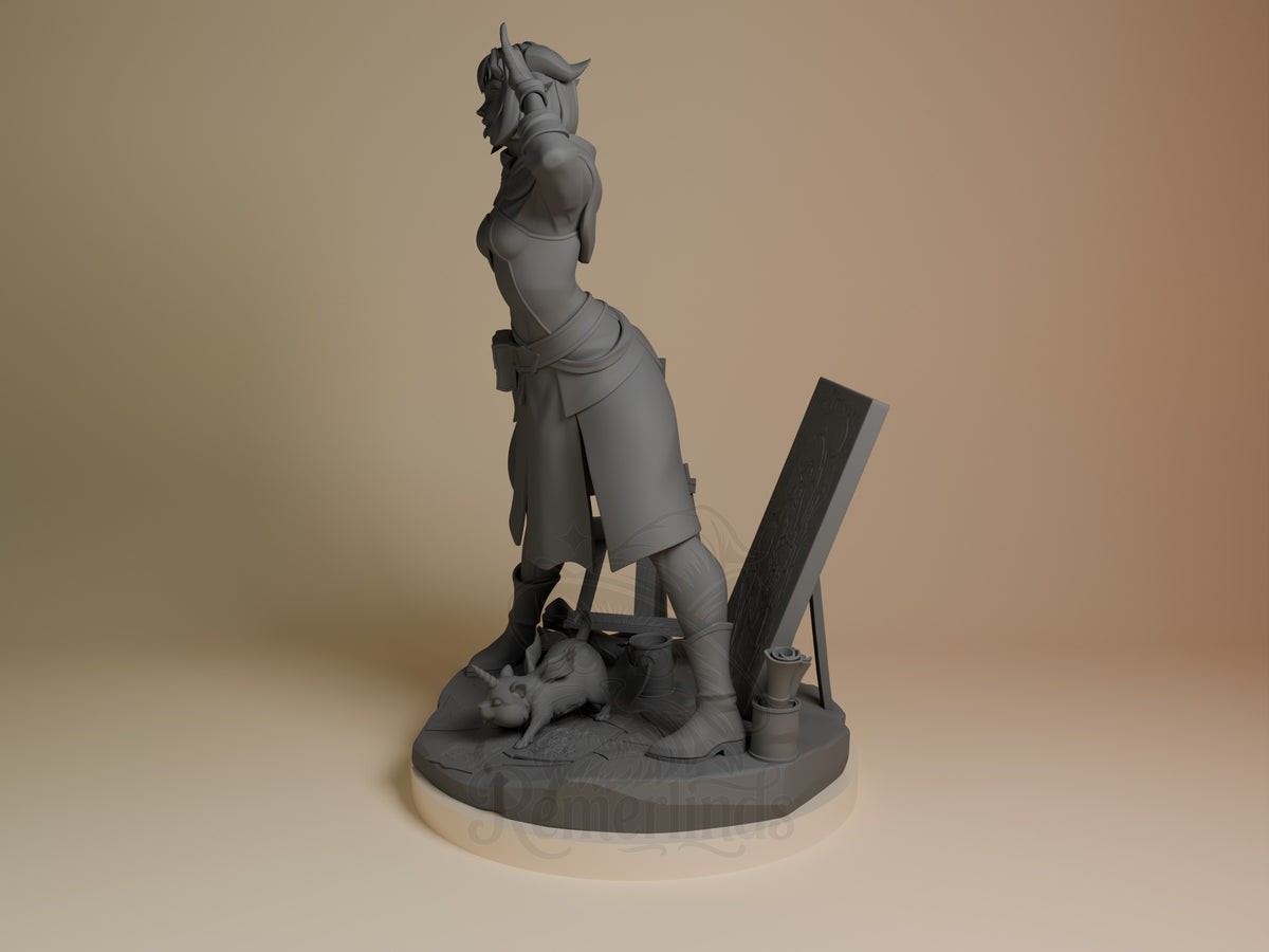 Jester from The Mighty Nein stands in side profile as an unpainted resin figure on a sculpted base.