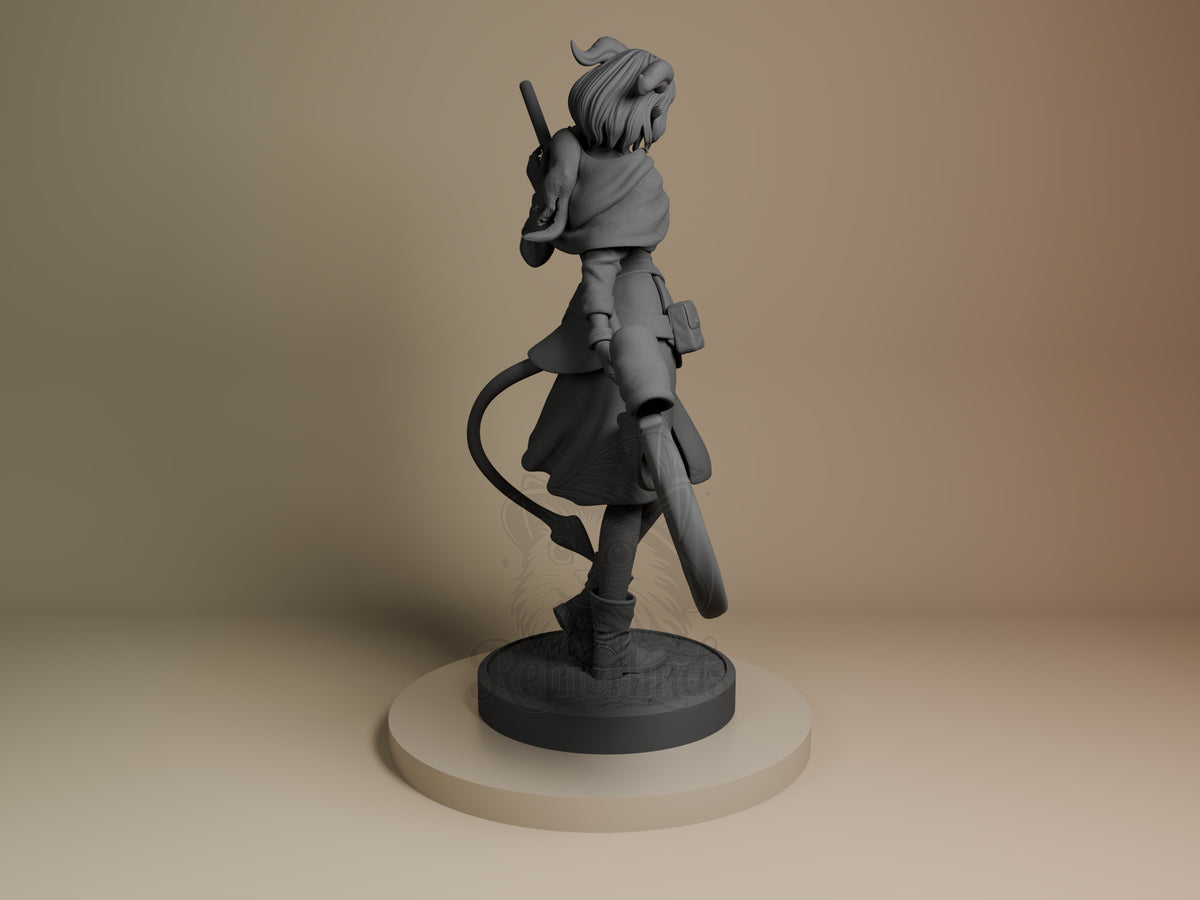 Jester from The Mighty Nein is an unpainted resin figure shown from the back with cloak and tail.