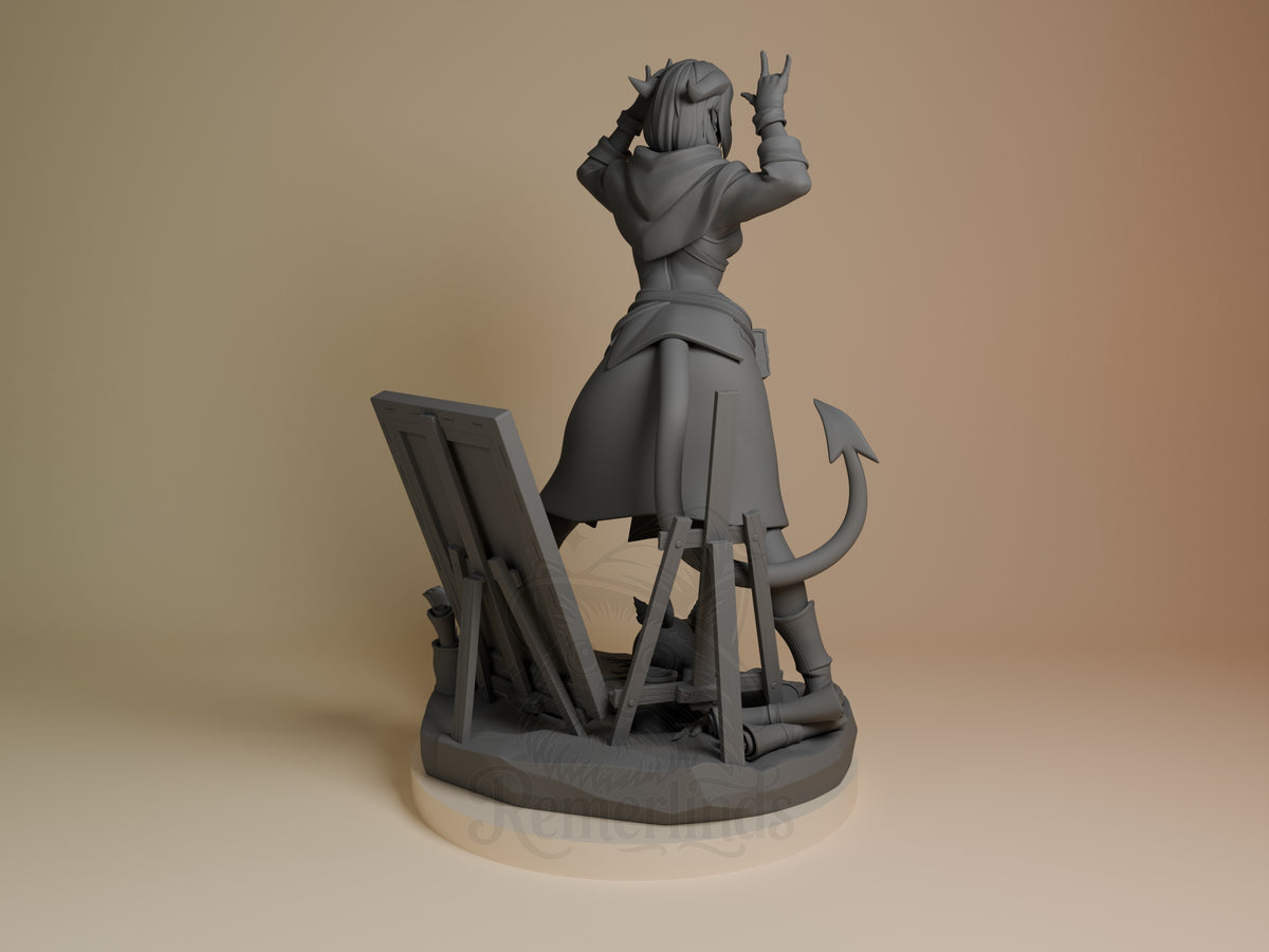 Back view of Jester from The Mighty Nein, an unpainted resin figure with raised arms, tail, and base.