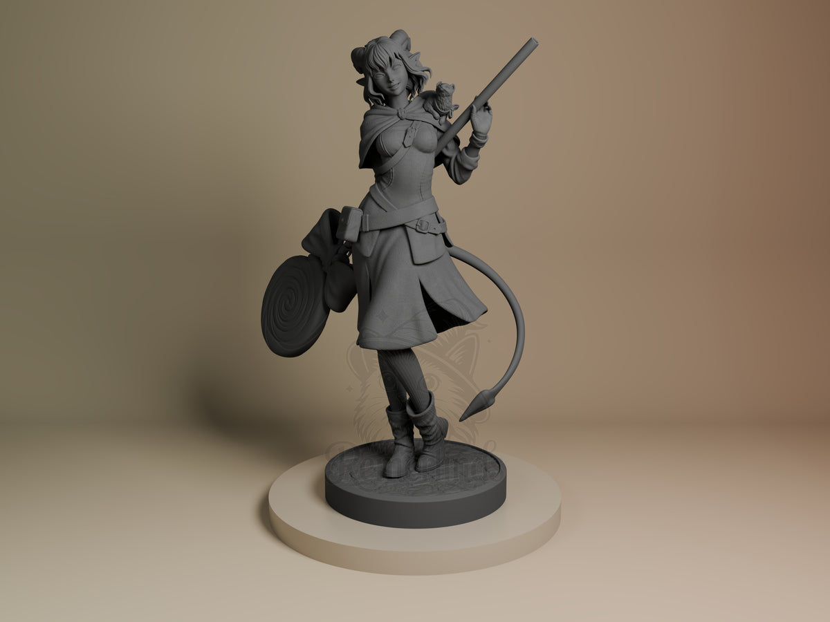 Front view shows unpainted Jester from The Mighty Nein resin figure with staff, tail, and round sculpted base.