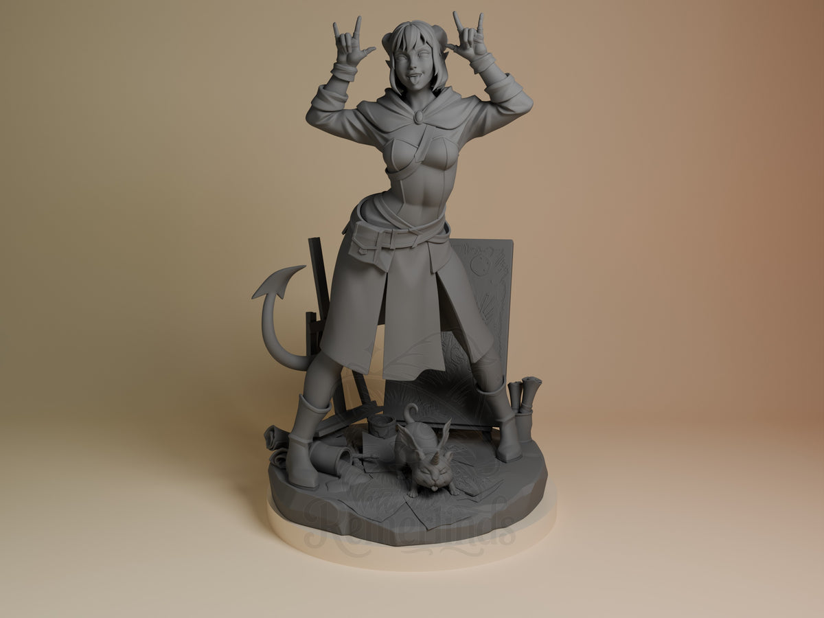 Jester from The Mighty Nein is a front-facing, unpainted resin figure with raised hands on a sculpted base.