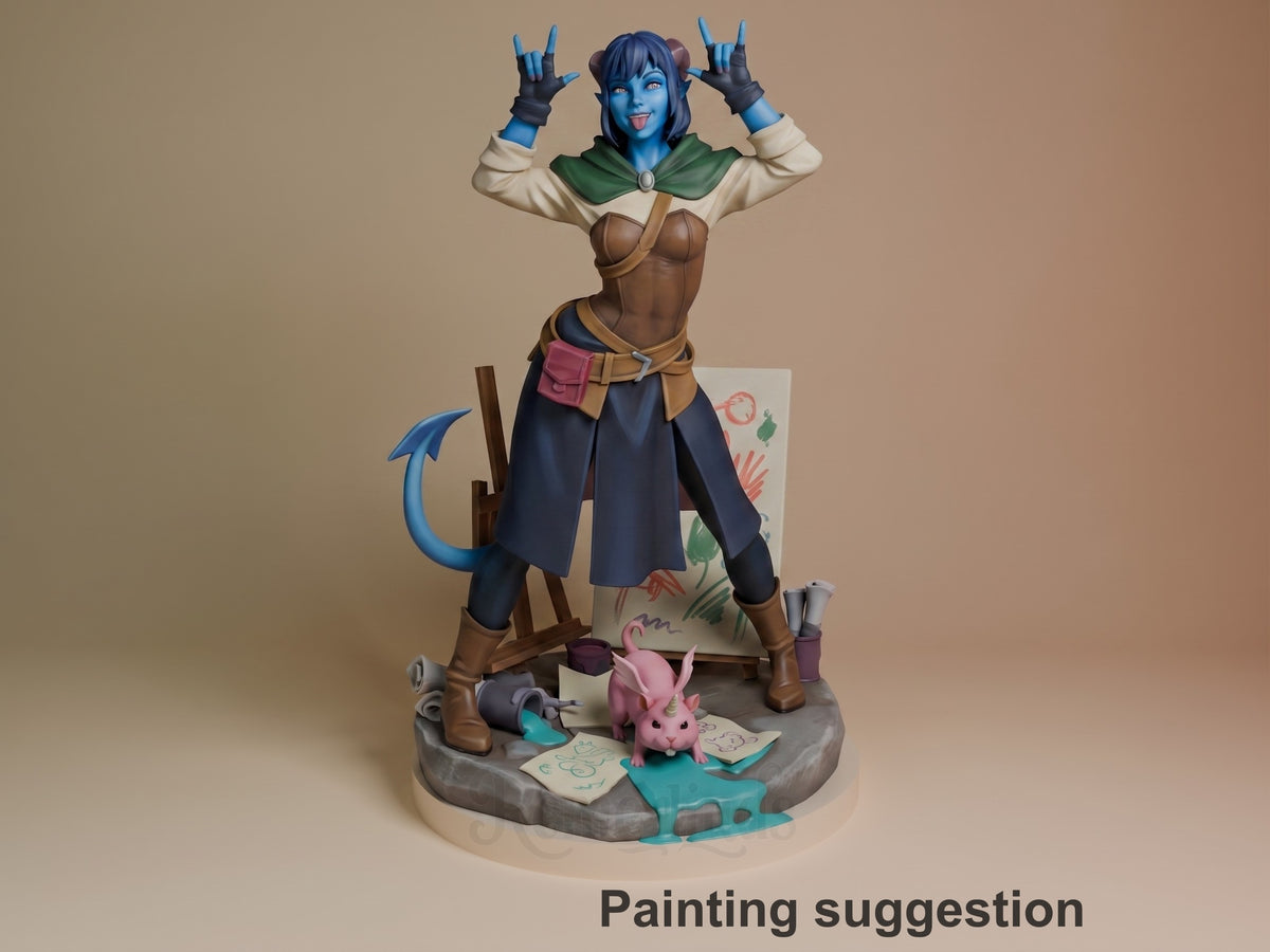 Painted Jester from The Mighty Nein resin figure poses with raised hands on a sculpted base.