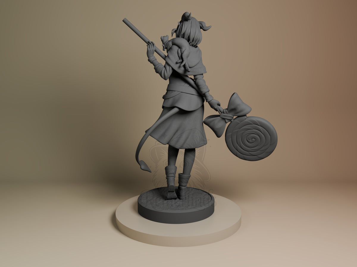 Jester from The Mighty Nein is an unpainted resin figure viewed from behind on an oval base.