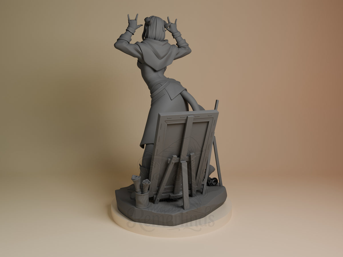 Rear view of unpainted Jester resin figure from The Mighty Nein, posed with raised hands on a sculpted display base.