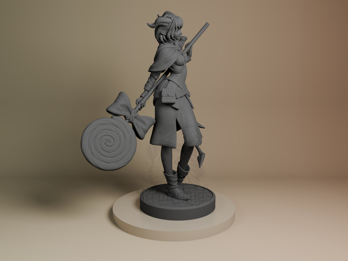 Side view shows an unpainted resin figure of Jester from The Mighty Nein with staff, spiral prop, and round base.