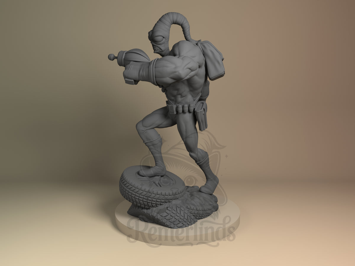Anthropomorphic Worm Hero Armored Worm Hero 3D printed resin figure by Nomnom, angled view showing dimensional details.