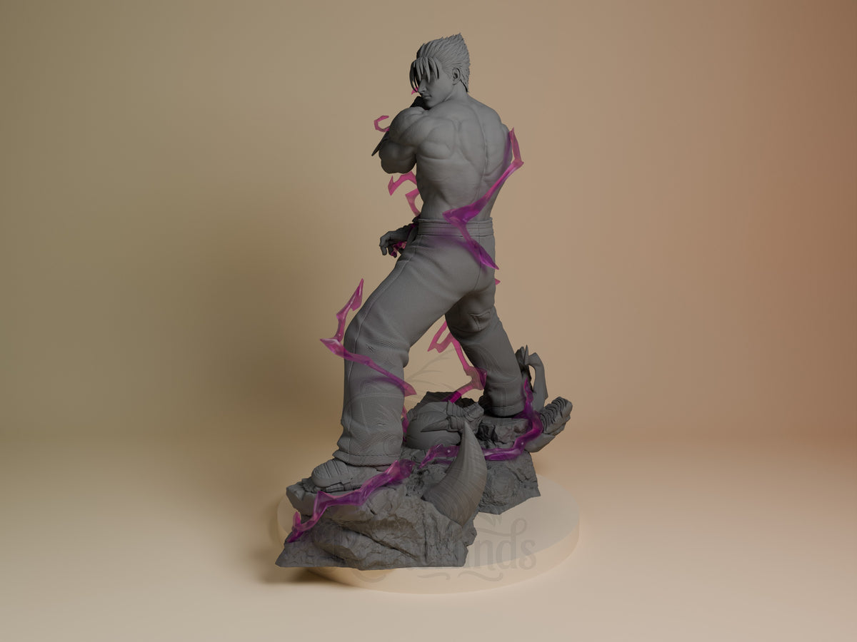 Jin Kazama resin figure shown from side angle, standing on rocky base with purple accents, unpainted gray finish, detailed musculature and clothing.