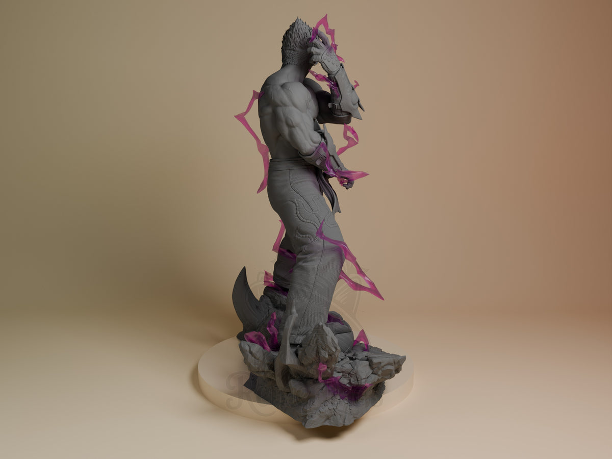 Jin Kazama resin figure back view showing muscular torso, purple aura effects, textured base, gray primer with pink accents.