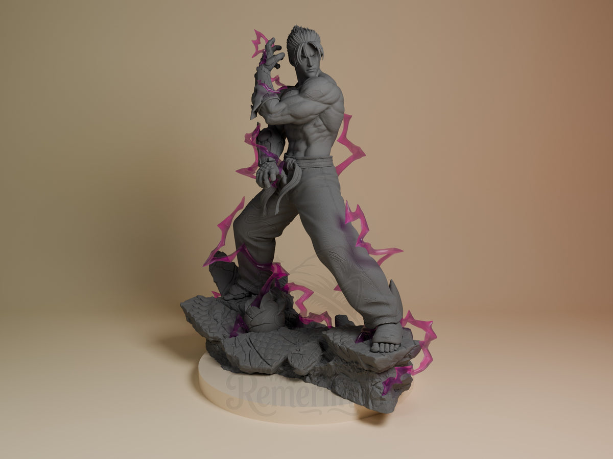 Jin Kazama resin figure shown from front, shirtless muscular pose with purple energy effects, standing on rocky base, unpainted gray with magenta accents.