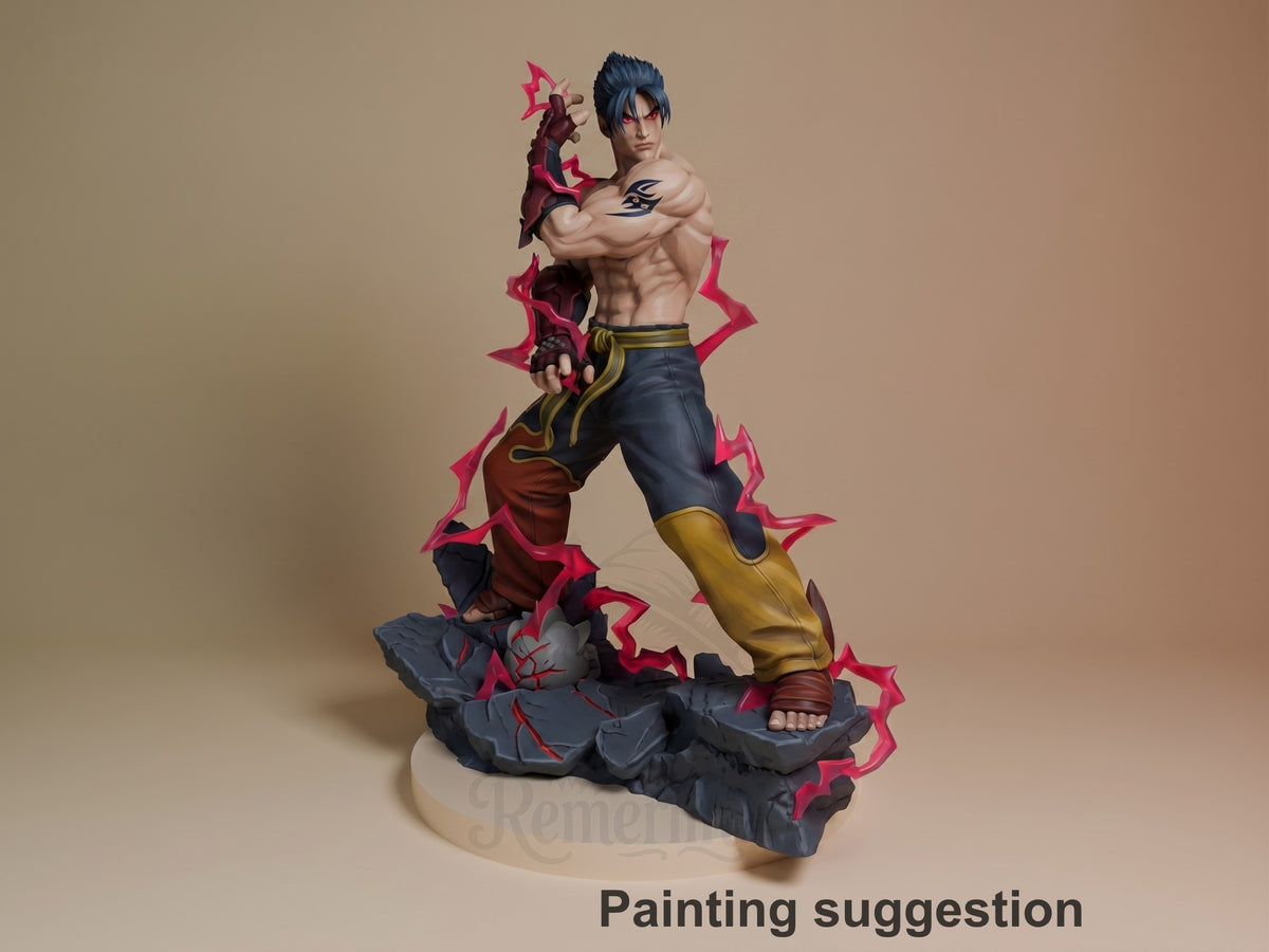 Jin Kazama resin figure in dynamic pose with pink energy effects, painted in navy, gold, and red on dark stone base, labeled painting suggestion.