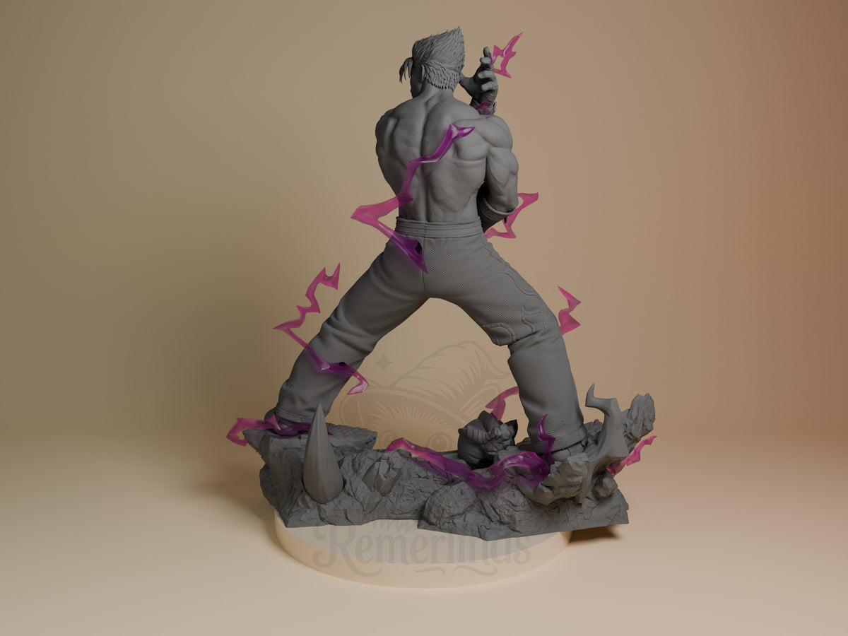 Jin Kazama resin figure shown from behind in dynamic stance on rocky base with purple energy effects, unpainted gray finish.