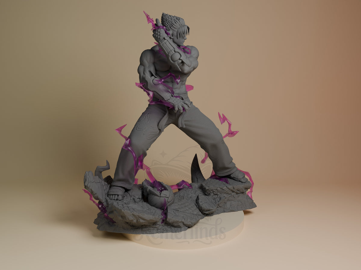 Jin Kazama resin figure in dynamic fighting pose, holding weapon, purple accents, rocky base, gray unpainted finish, right angle view.